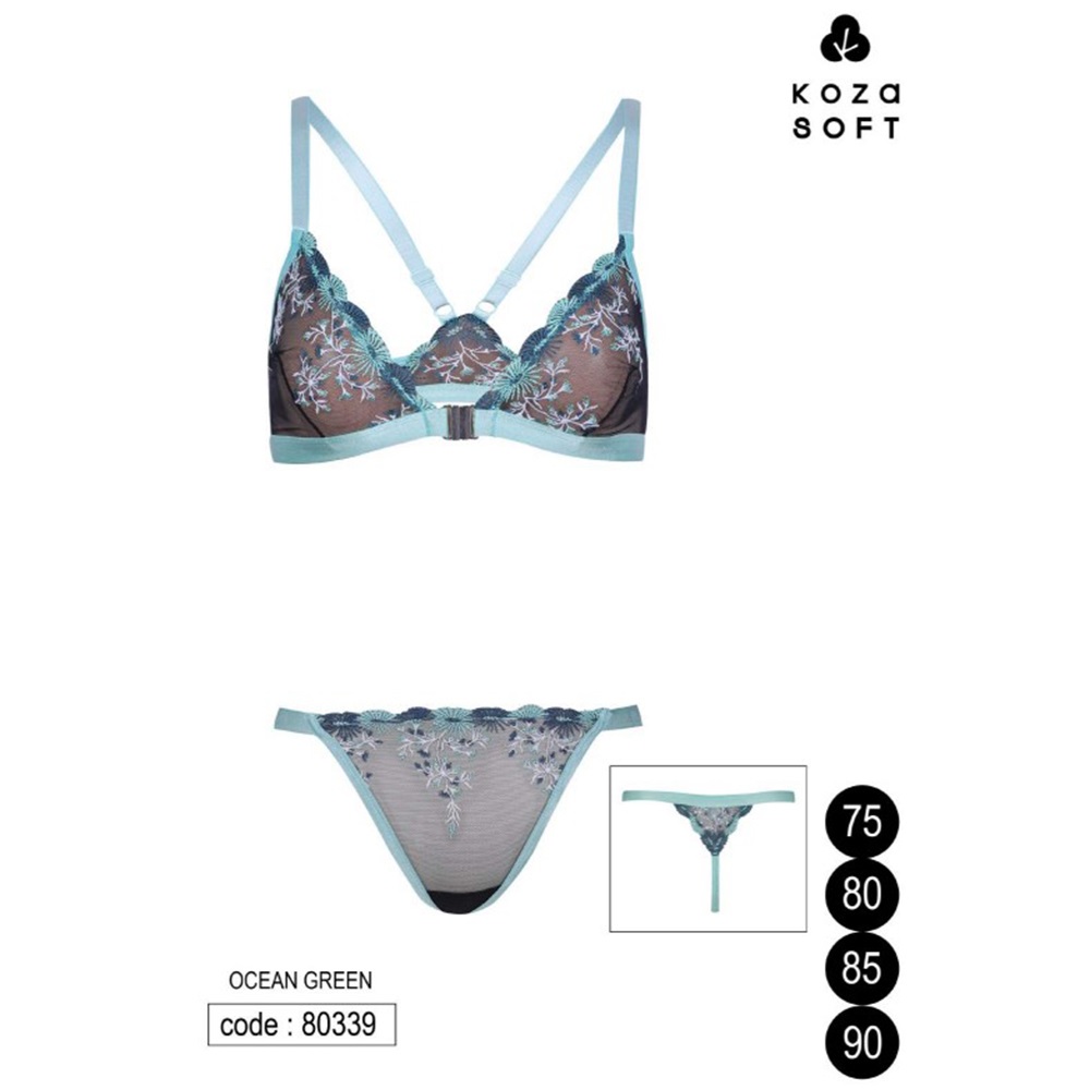 Koza Soft 80339 Bayan Ayla Üçgen Kesim Sırt Detaylı Nakışlı Fantezi Takım 75-90 - Su Yeşili - 75-80-85-90