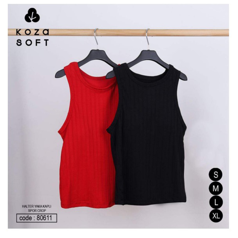 Koza Soft 80611 Bayan Halter Yaka Kaplı Spor Crop S-XL - Siyah - S-M-L-XL