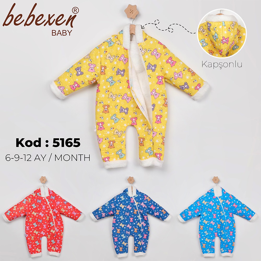 Bebexen Baby 5165 Bebe Yıldızlı Ayıcık Baskılı Şimel Kapşonlu Tulum 6-12 Ay