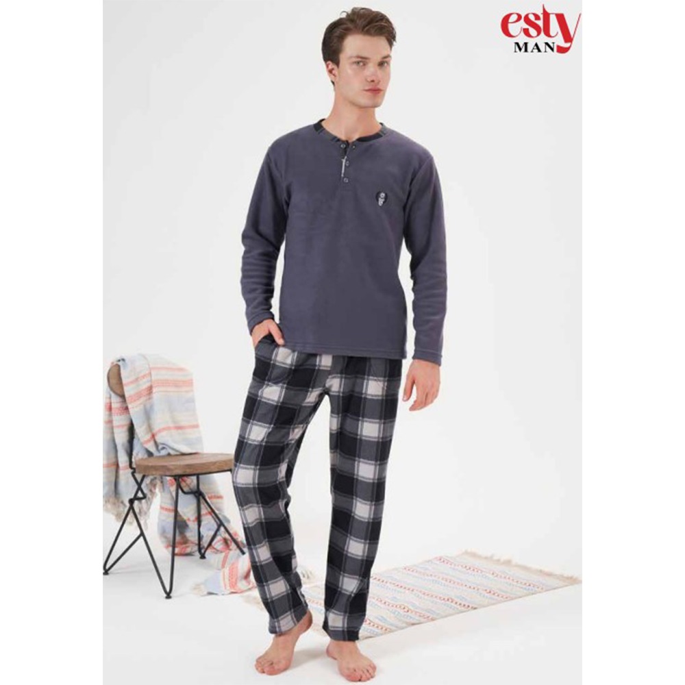 Estiva 24425 Erkek Polar Düğmeli Pijama Takımı M-XXL- Füme - XXL