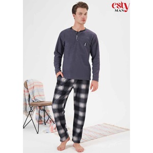 Estiva 24425 Erkek Polar Düğmeli Pijama Takımı M-XXL- Füme - XXL