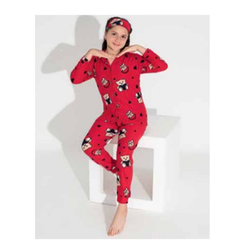Estiva 24477 Kız Çocuk Gez Süet Boydan Düğmeli Pijama Takımı 10-15 Yaş - Kırmızı - 11-12 YAŞ