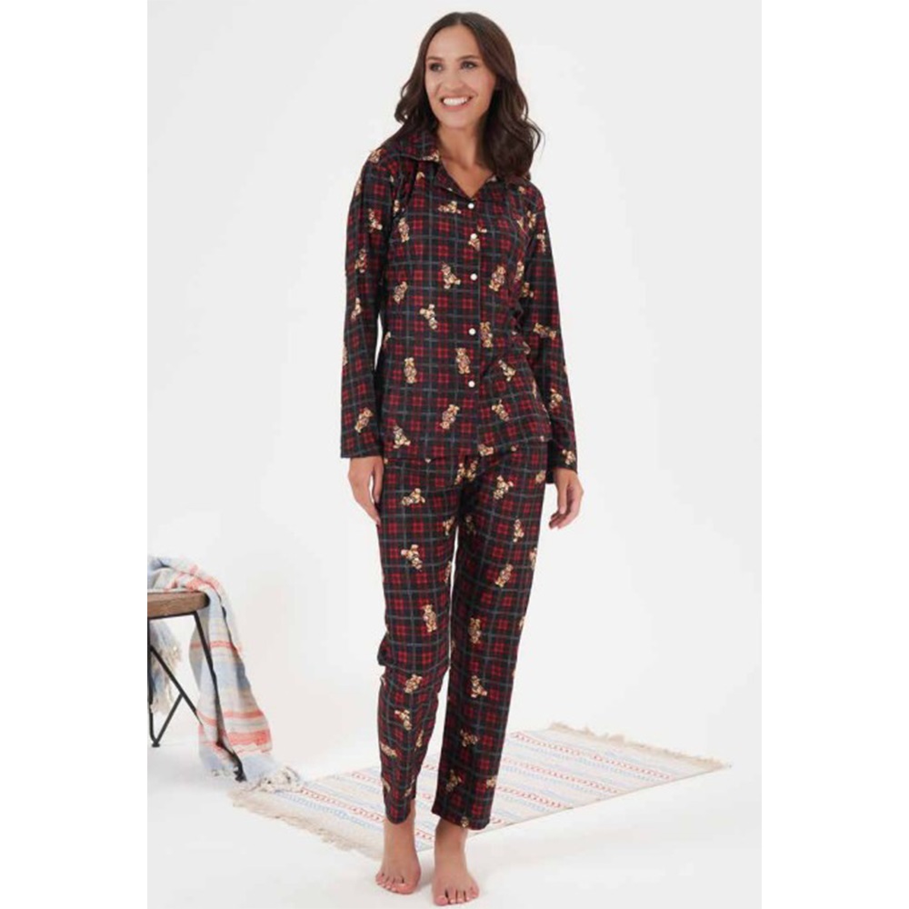 Estiva 24342 Bayan Süet Boydan Düğmeli Pijama Takımı M-2XL - Siyah - XL