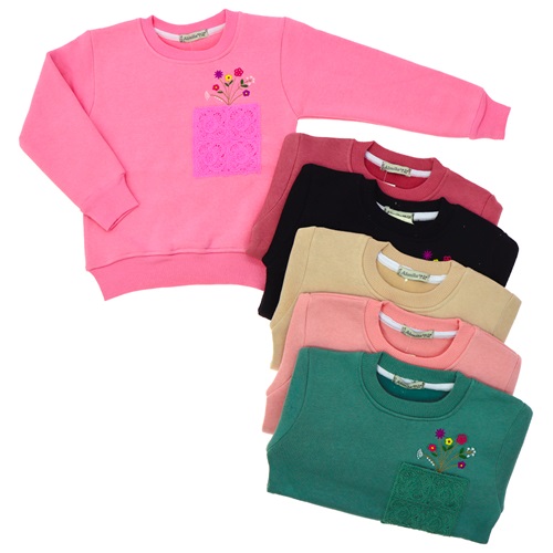 Almila 1133 Kız Çocuk Cepli Nakışlı 3 İp Sıfır Yaka Sweat 9-12 Yaş - Pembe - 9-12 YAŞ