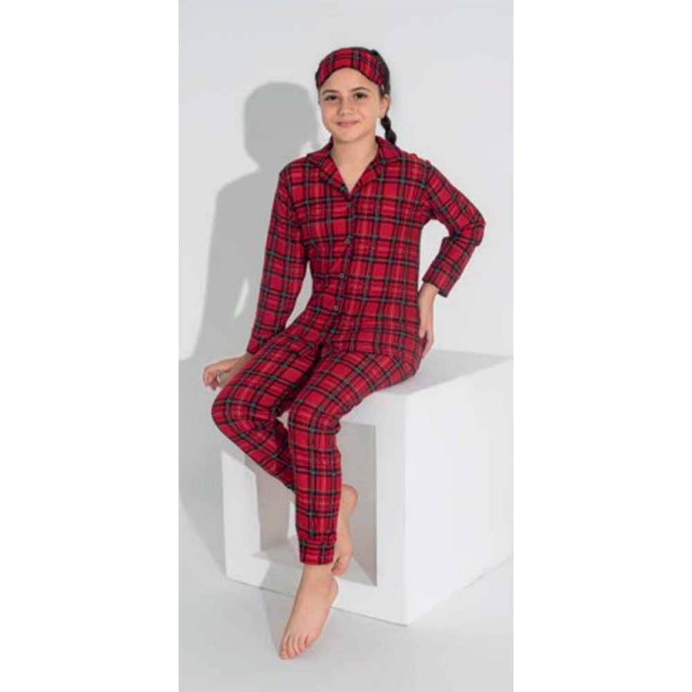 Estiva 24473 Kız Çocuk Gez Süet Boydan Düğmeli Pijama Takımı 10-15 Yaş - Kırmızı - 14-15 YAŞ