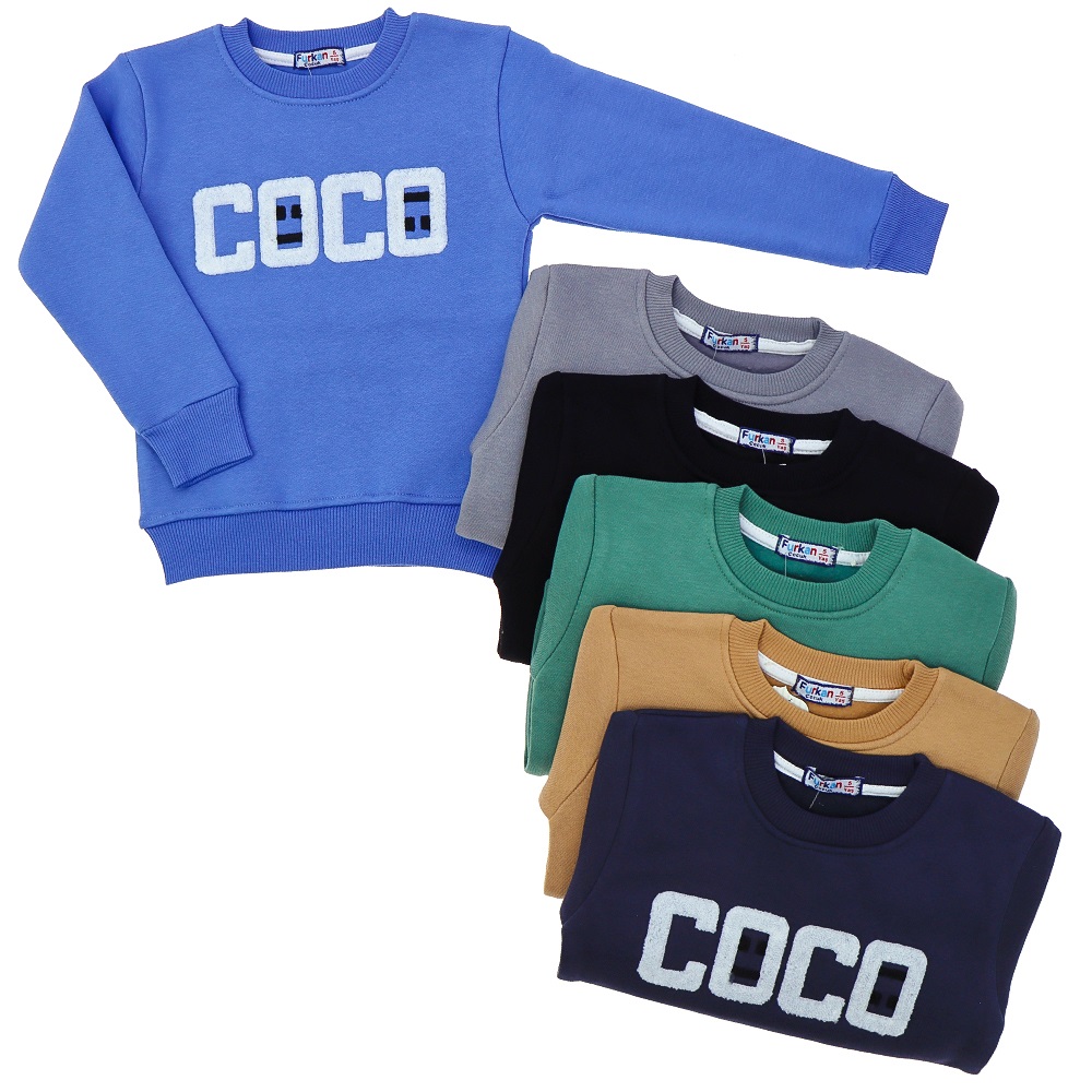 Furkan 1225 Erkek Çocuk Coco Nakışlı 3 İp Sıfır Yaka Sweat 9-12 Yaş - Füme - 9-12 YAŞ