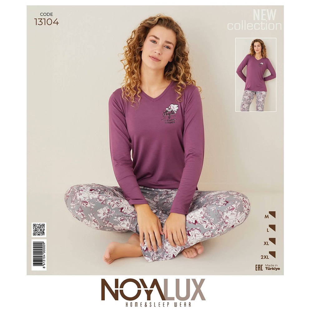 Noya Lux 13104 Bayan Ring Viskon V Yaka Pijama Takımı M-2XL - Mor - XL