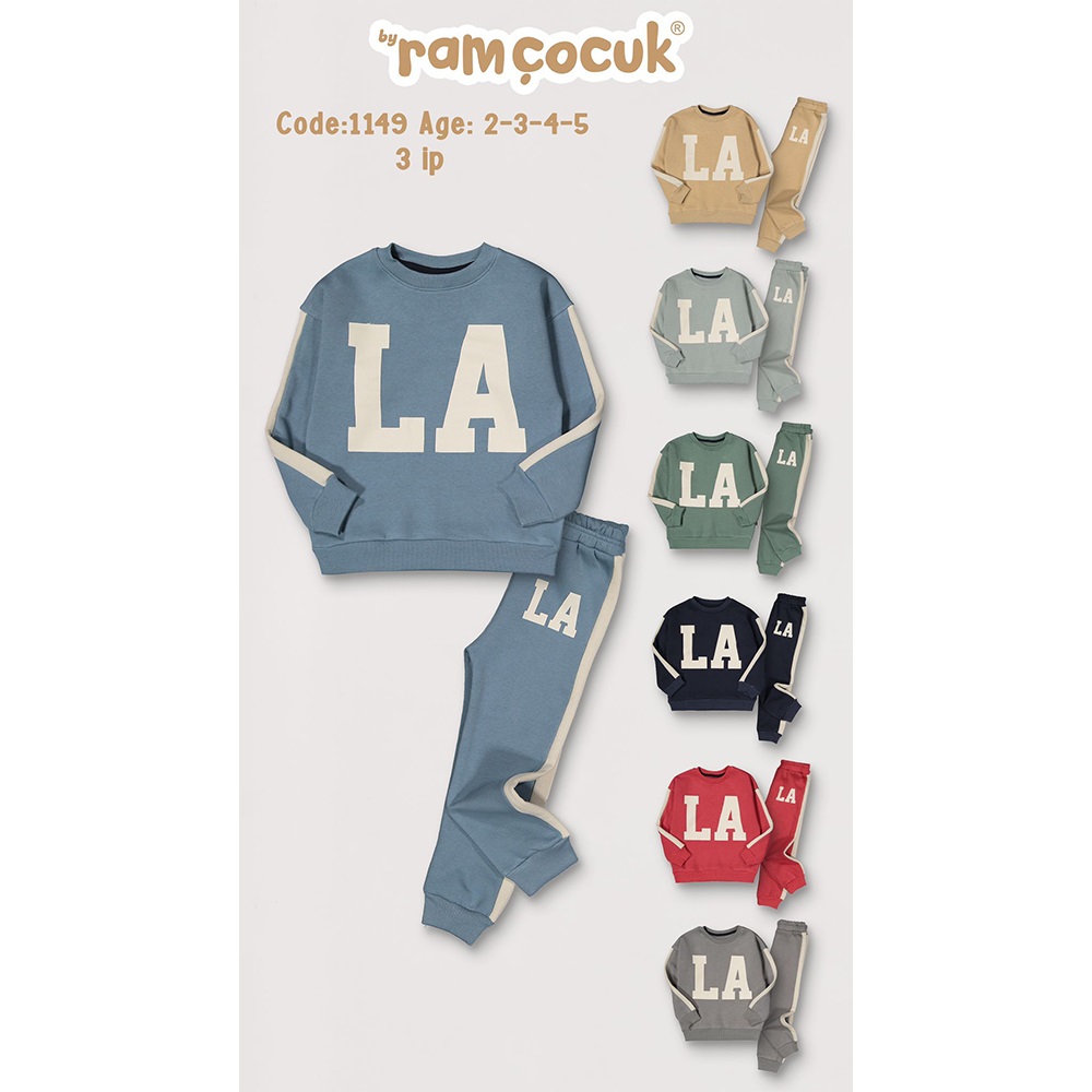 Ram 1149 Erkek Çocuk 3 İp La Baskılı Takım 2-5 Yaş - Gri - 2-3-4-5 YAŞ