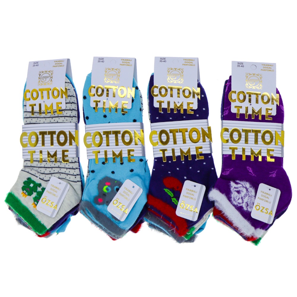 Cotton Tıme 3544 Bayan Penye Desenli Likralı 3 Lü Tüylü Patik Çorap - Karışık Renk - ASORTİ