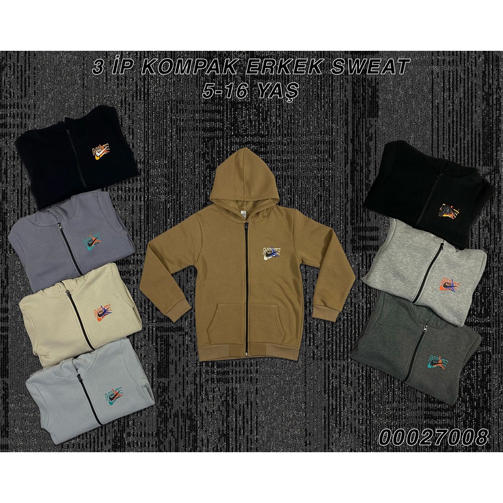 Uçar 7008-2 Erkek Çocuk 3 İp Kompak Penye Kanguru Cepli Fermuarlı Kapşonlu Sweat Ceket 9-12 Yaş - Gri - 9-12 YAŞ