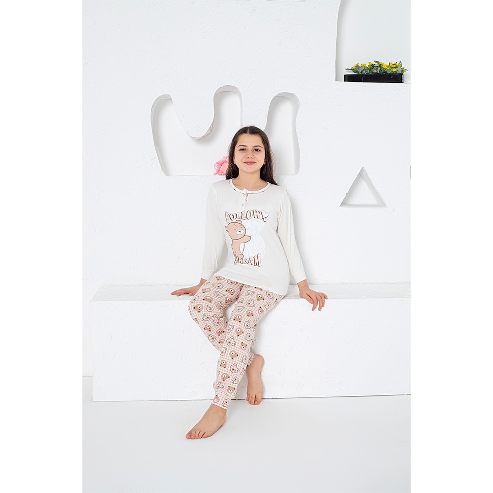 Estiva 24450 Kız Penye Follow Baskılı Pijama Takımı Yaş 7.9.11 - Ekru - 7-11 YAŞ