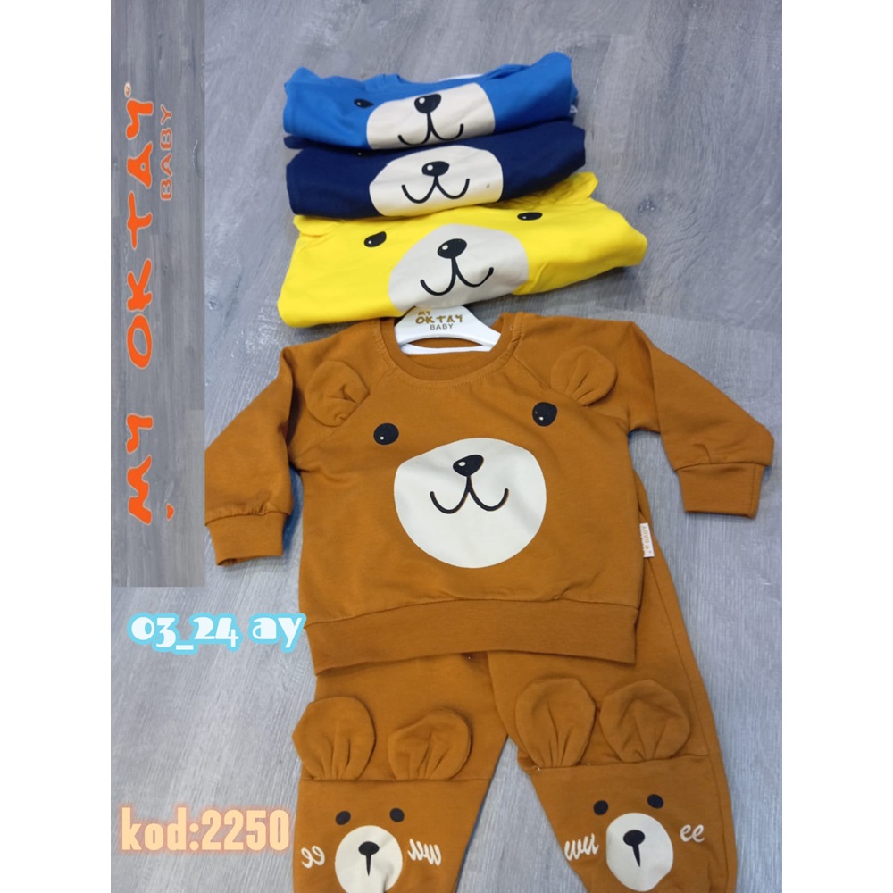 My Oktay 2250 Erkek Bebe Penye Ayıcık Baskılı 2Li Takım 3-24 Ay - Saks - 3-24 AY