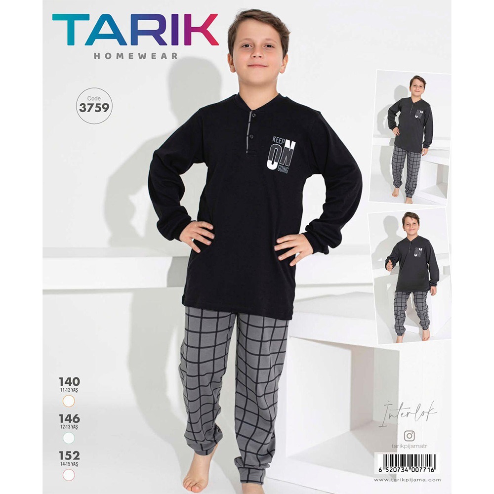 Tarık 3759 Erkek İnterlok Çocuk Ekose Bas Pijama Takımı 11-15 Yaş- Antrasit - 11-15 YAŞ