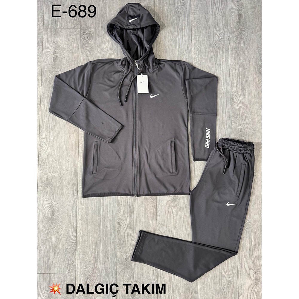 Are E-689 Erkek Dalgıç Nıke Baskılı Kapşonlu Şeritli Eşofman Takımı S-2 XL - Füme - S-M-L-XL-2XL