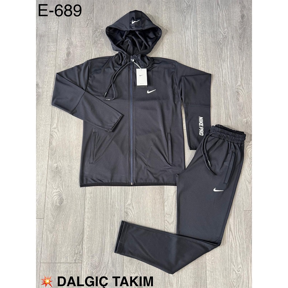 Are E-689 Erkek Dalgıç Nıke Baskılı Kapşonlu Şeritli Eşofman Takımı S-2 XL - Füme - S-M-L-XL-2XL