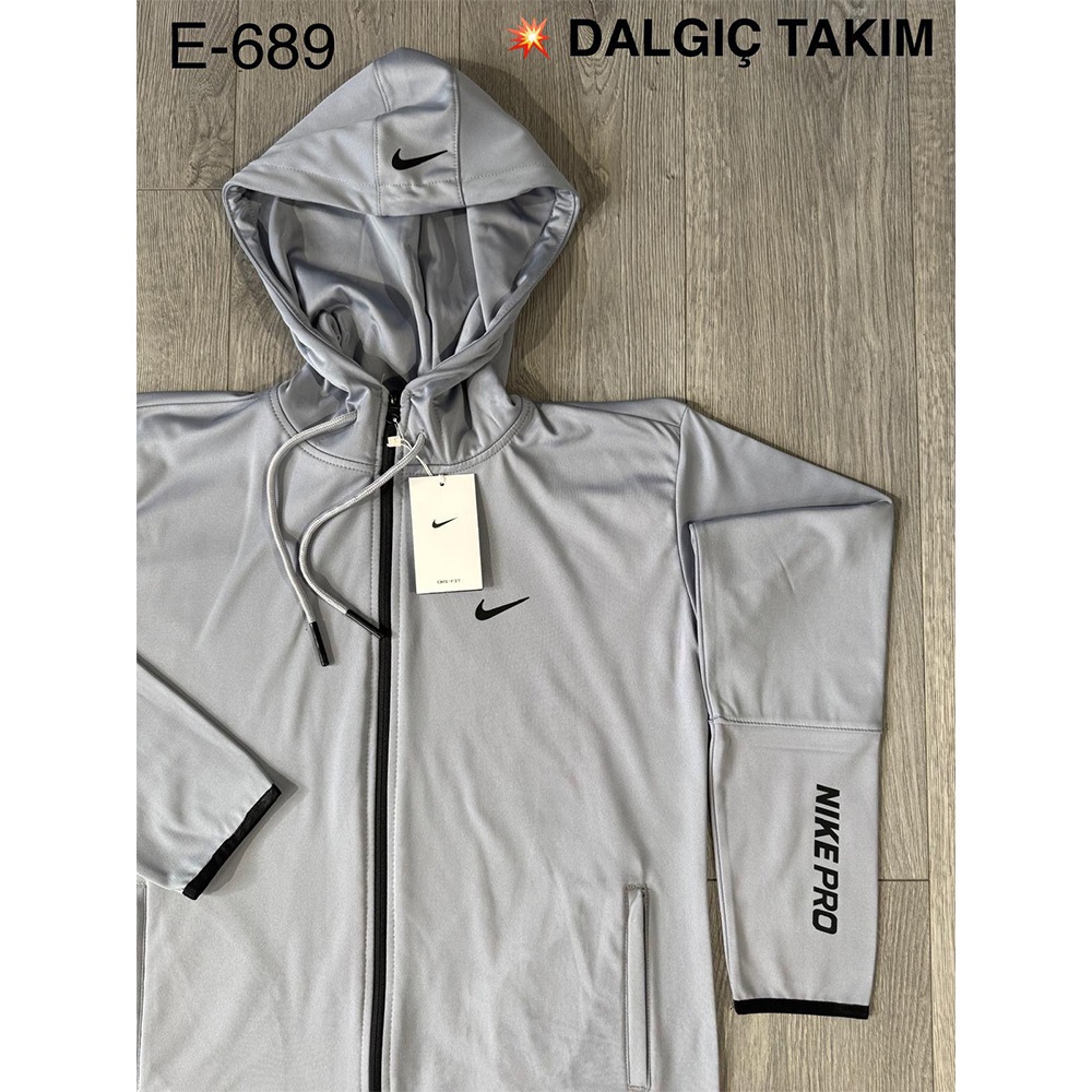 Are E-689 Erkek Dalgıç Nıke Baskılı Kapşonlu Şeritli Eşofman Takımı S-2 XL - Füme - S-M-L-XL-2XL