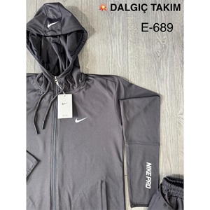 Are E-689 Erkek Dalgıç Nıke Baskılı Kapşonlu Şeritli Eşofman Takımı S-2 XL - Füme - S-M-L-XL-2XL