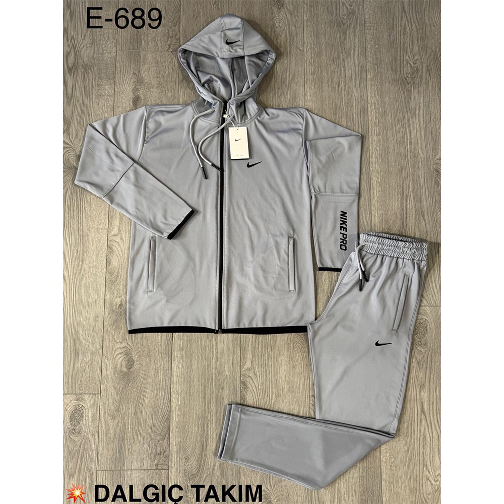 Are E-689 Erkek Dalgıç Nıke Baskılı Kapşonlu Şeritli Eşofman Takımı S-2 XL - Füme - S-M-L-XL-2XL