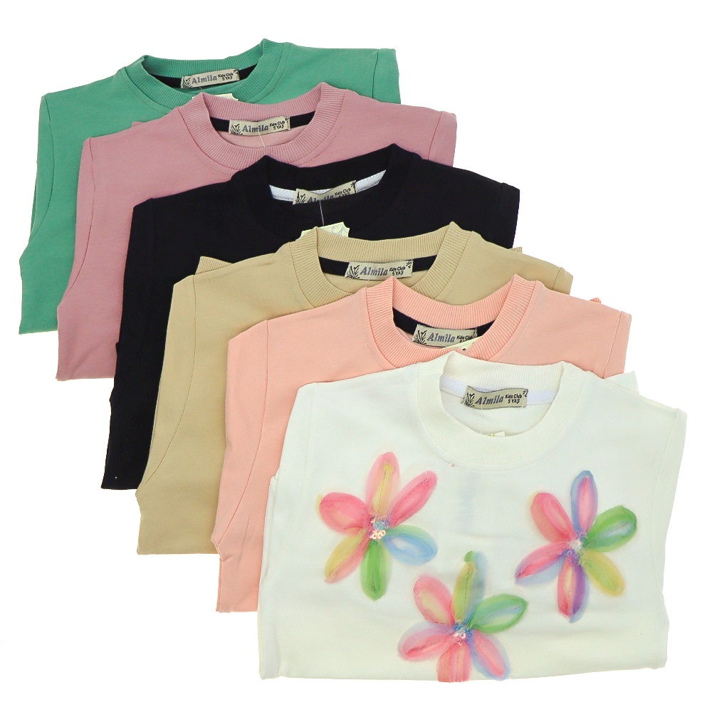 Almila 7029 Kız Çocuk 2 İp Çiçek Nakışlı Sweat 5-8 Yaş - Beyaz - 5-8 YAŞ