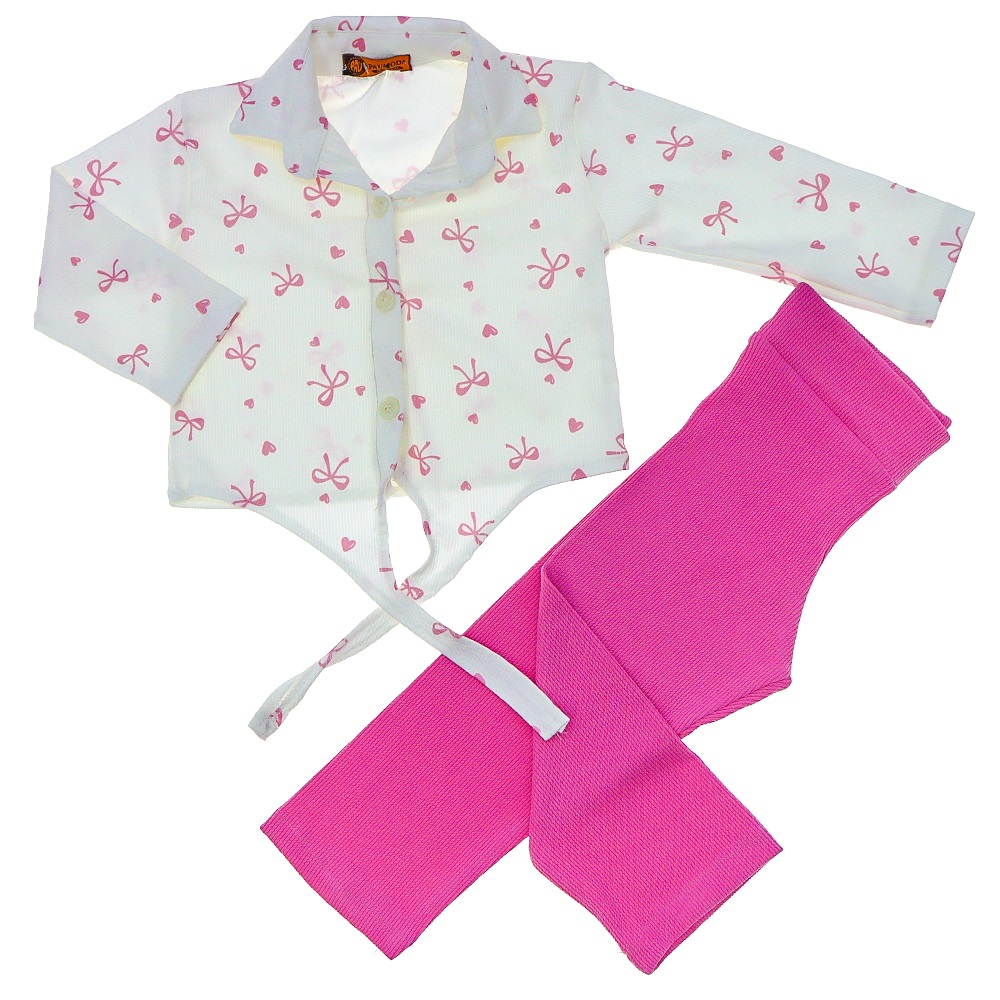 Pau Moda Kız Çocuk Kalp Kurdela Baskılı Bağlamalı Gömlekli Tayt Takım 3-6 Yaş - Pembe - 3-6 YAŞ