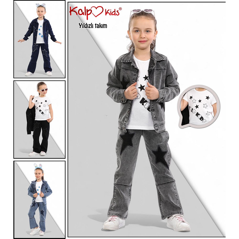 Kalp Kids 67952-1 Kız Çocuk Cotton Yıldız Nakışlı 3 Lü Kot Takım 2-5 Yaş
