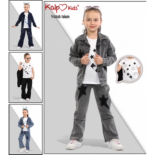 Puba 67950-2 Kız Çocuk Cotton Yıldız Nakışlı 3 Lü Kot Takım 6-9 Yaş - Siyah - 6-9 YAŞ