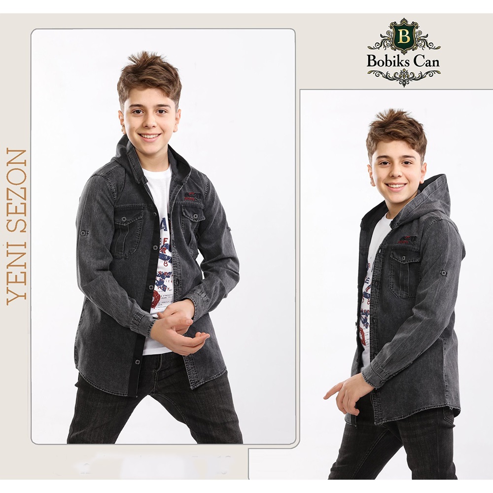 Bobiks 3712 Erkek Çocuk Kapşonlu Garson Penyeli Kot Gömlek Kar Yıkama Tişört Takım 9-12 Yaş - Kot Mavi - 9-12 YAŞ