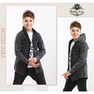 Bobiks 2712 Erkek Çocuk Kapşonlu Mini Penyeli Kot Gömlek Kar Yıkama Tişört Takım 5-8 Yaş - Kot Mavi - 5-8 YAŞ