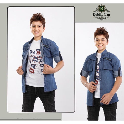 Bobiks Can 3711 Erkek Çocuk Şişme Cep Garson Kot Gömlek Tişört Takım 9-12 Yaş - Kot Mavi - 9-12 YAŞ