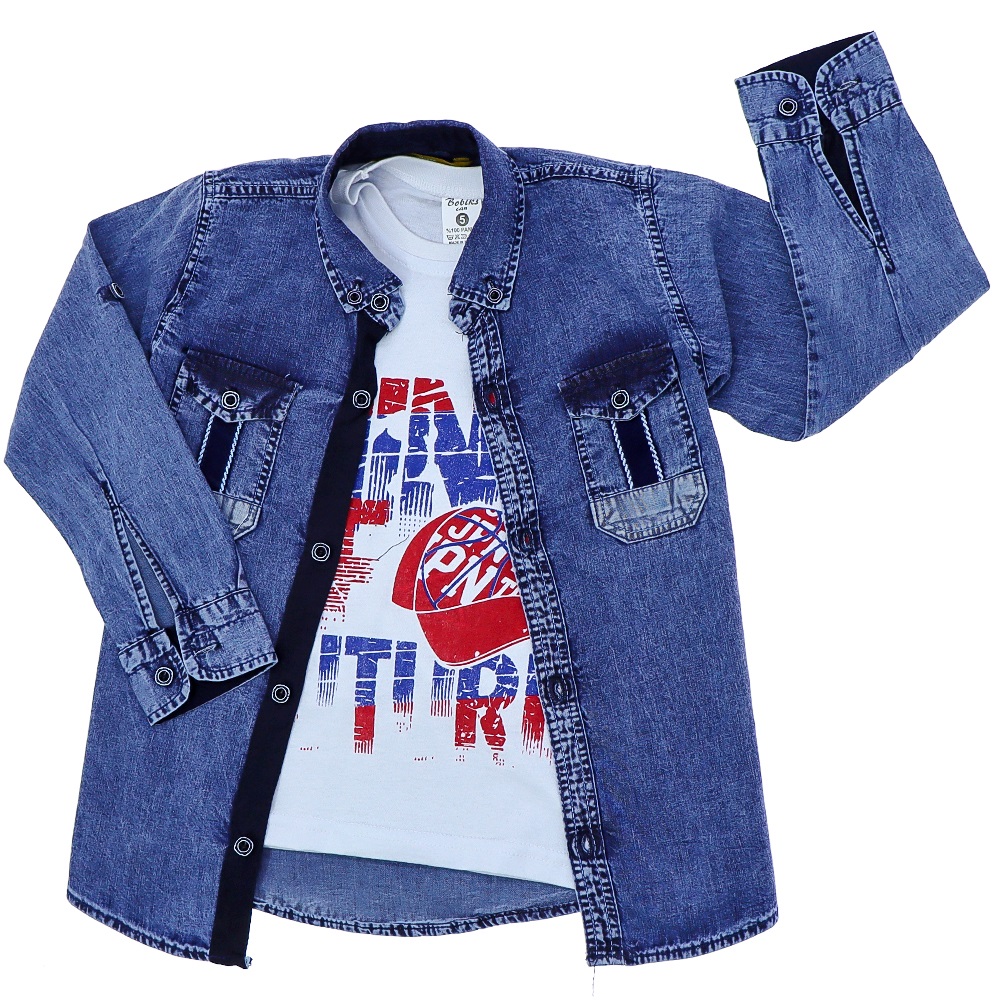 Bobiks Can 4706 Erkek Çocuk Kar Yıkama Garson Kot Gömlek Tişört Takım 13-16 Yaş - Kot Mavi - 13-16 YAŞ