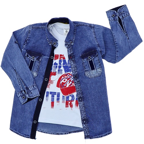 Bobiks Can 4706 Erkek Çocuk Kar Yıkama Garson Kot Gömlek Tişört Takım 13-16 Yaş - Kot Mavi - 13-16 YAŞ