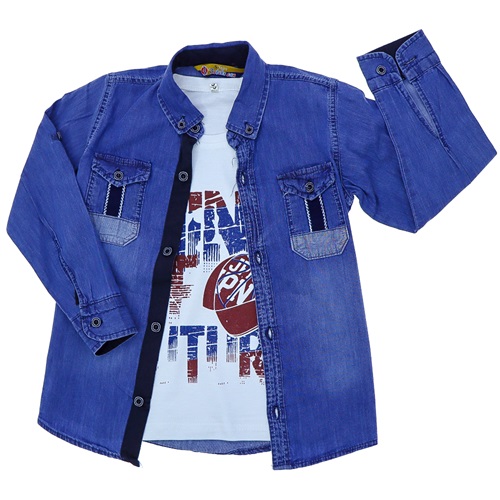 Bobiks Can 2704 Erkek Çocuk Mavi Şeritli Garson Kot Gömlek Tişört Takım 5-8 Yaş - Kot Mavi - 5-8 YAŞ