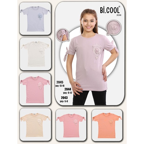 Bi Cool 2044 Kız Çocuk Penye Güpür Çiçek Modelli Tişört 9-12 Yaş - Ekru - 9-12 YAŞ