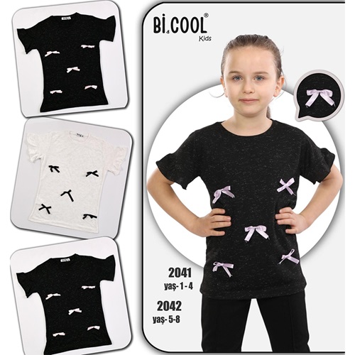 Bi Cool 2041 Kız Çocuk Penye Kurdela Model Simli Tişört 1-4 Yaş - Ekru - 1-4 YAŞ