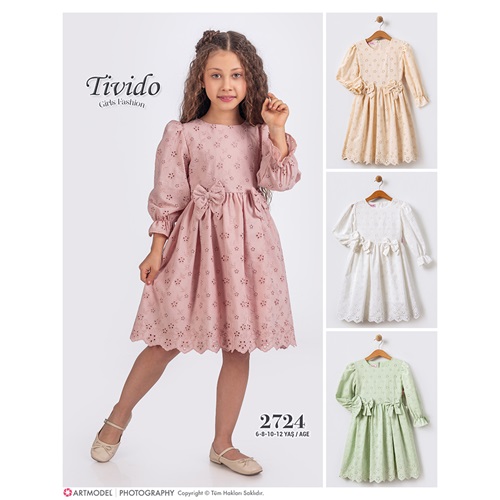 Tivido 2724 Kız Çocuk Brode Güpürlü Fiyonklu Elbise 6-12 Yaş - Bej - 6-12 YAŞ