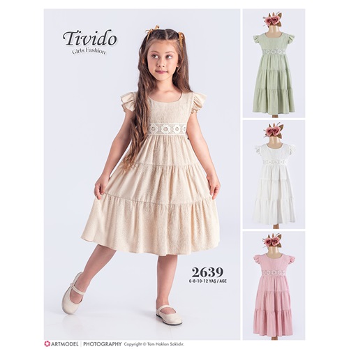 Tivido 2639 Kız Çocuk Bürümcük Elbise 6-12 Yaş - Bej - 6-12 YAŞ