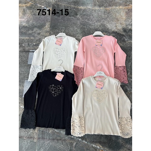 Pançiko 7515 Kız Çocuk Fitilli Kalp Nakışlı Kol Dantelli Sweat 9-12 Yaş - Bej