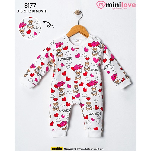 Mini love 8177 Bebe Kalpli Ayıcık Baskılı Tulum 3-18 ay - Beyaz