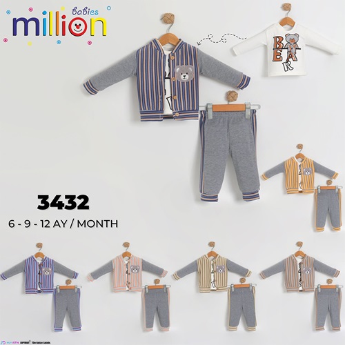Million 3432 Erkek Bebe Penye Ayıcık Nakışlı 3 Lü Takım 6 Ay-18 Ay - Mavi - 6-9-12-18 AY