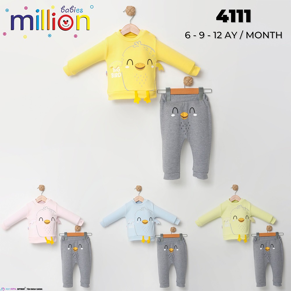 Million 4111 Erkek Bebe Penye Civcivli 2 li Takım 3-9 Ay - Mavi - 3-6-9 AY