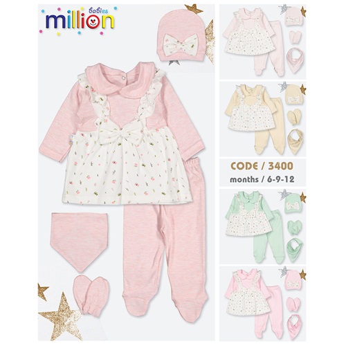 Million 3400 Kız Bebe Penye Çicek Desenli 5li Takım 6 Ay - Pembe - 6 AY