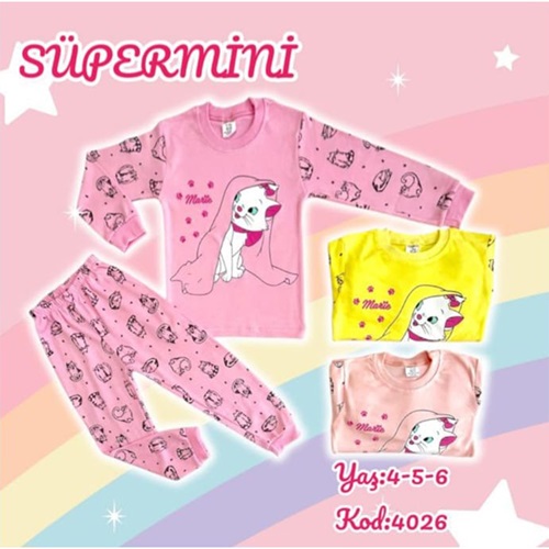 Süpermini 4026 Kız Çocuk Penye Fiyonklu Kedicik Baskılı Takım 4-6 Yaş - Pembe - 4-6 YAŞ