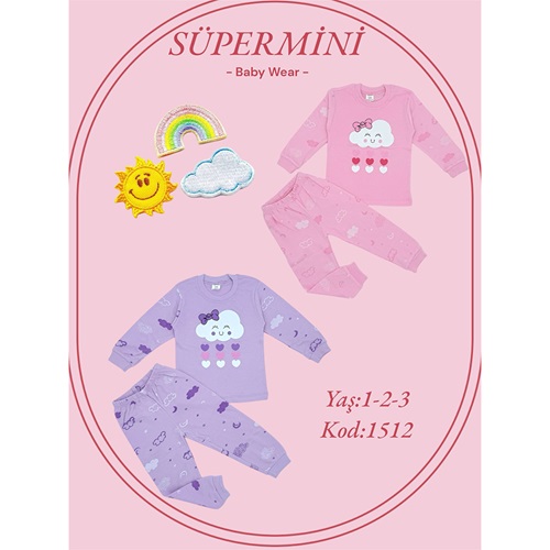 Süpermini 1512 Kız Çocuk Penye Kalpli Bulut Baskılı Takım 1-3 Yaş - Lila - 1-3 YAŞ