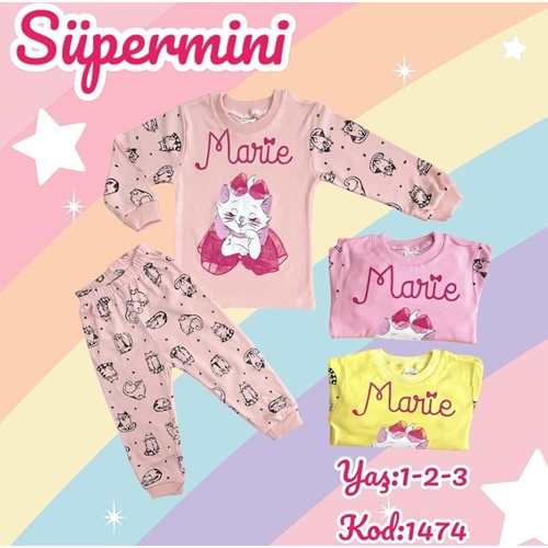 Süpermini 1474 Kız Çocuk Penye Süslü Kedicik Baskılı Takım 1-3 Yaş - Sarı - 1-3 YAŞ