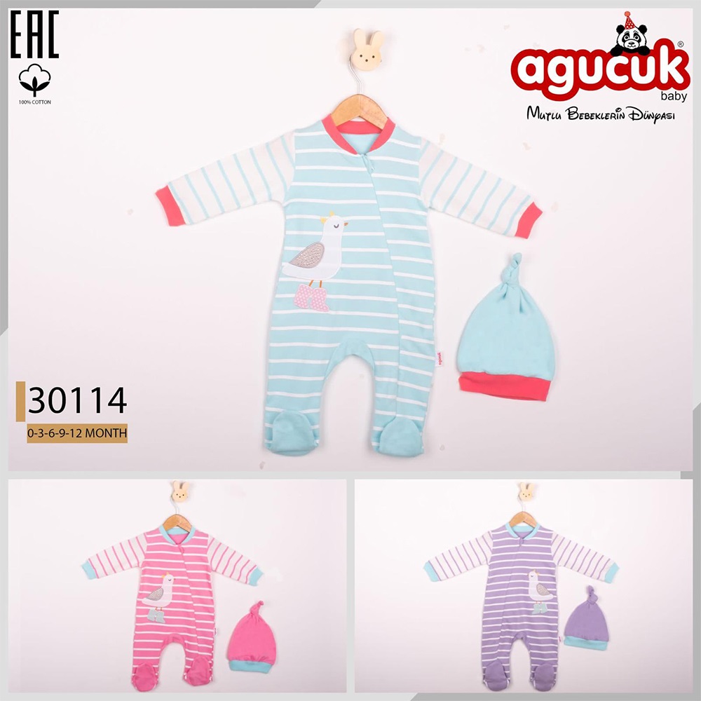 Agucuk Baby 30114 Kız Bebe Penye Kuş Nakışlı Patikli Tulum 3-12 Ay - Pembe - 3-6-9-12 AY