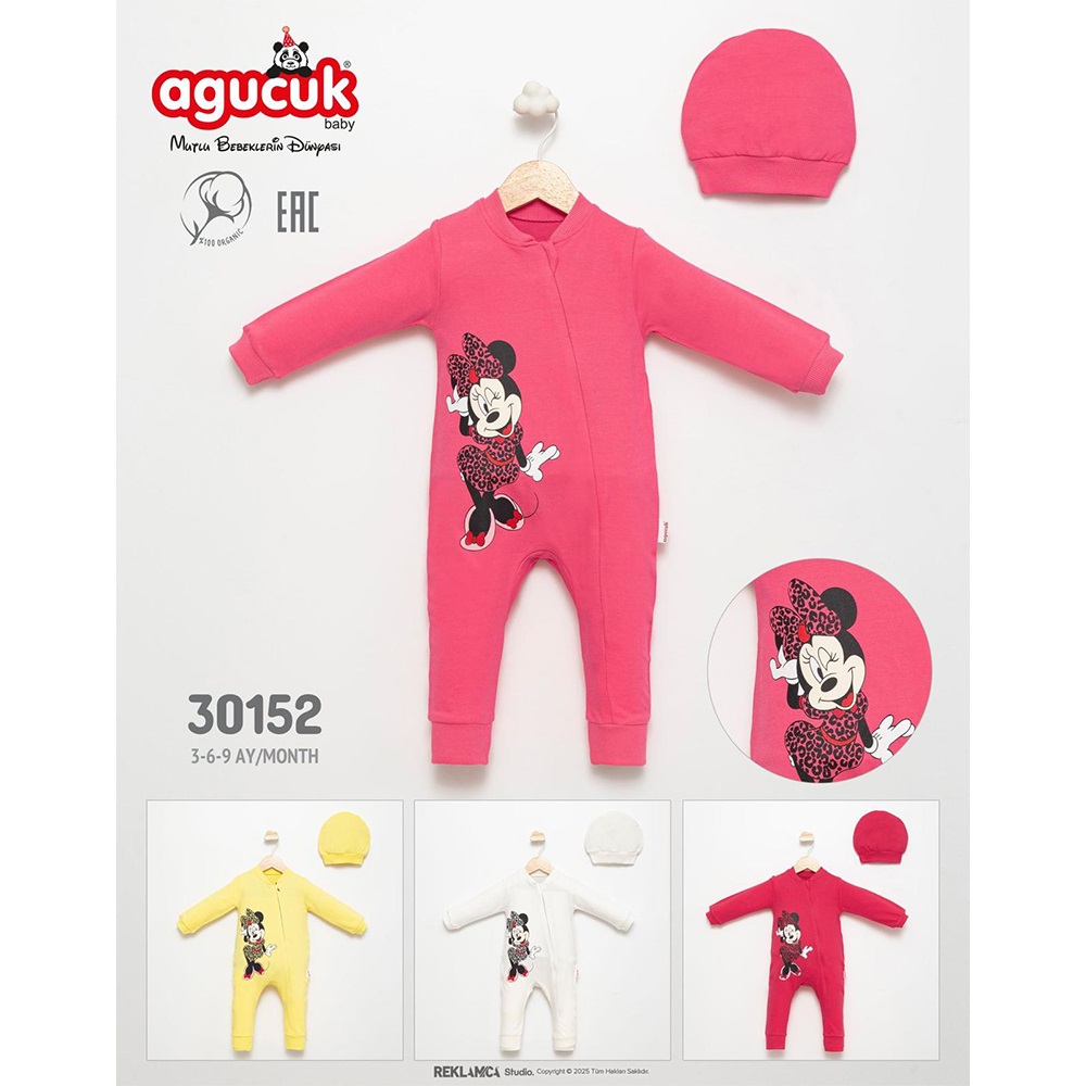 Agucuk Baby 30152 Bebe Penye Minniee Mouse Nakışlı Patiksiz Tulum 3-12 Ay - Pembe - 3-6-9-12 AY