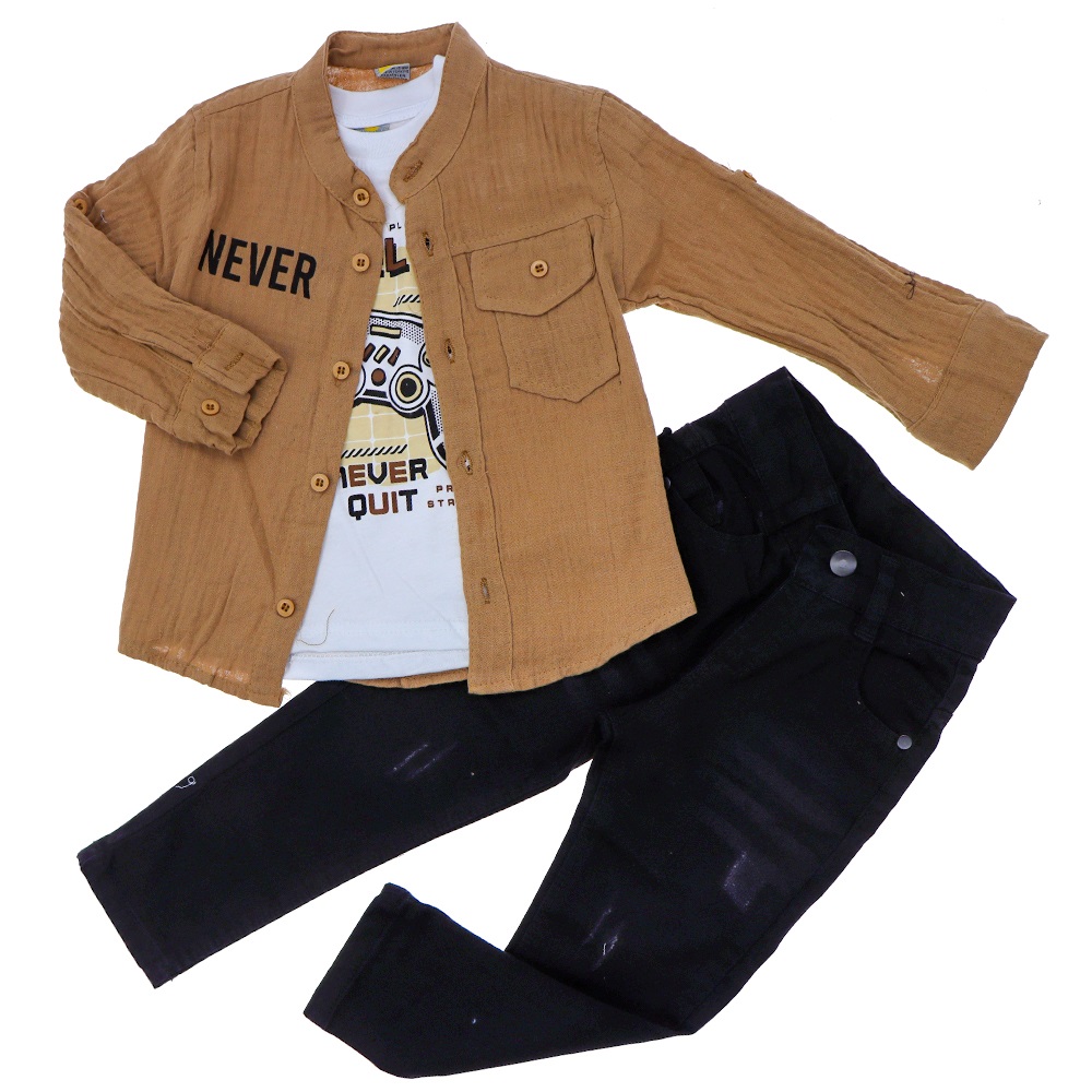 Mıncırık Kids 1131 Erkek Çocuk Never Baskılı Müslin Gömlek 3 Lü Takım 2-5 Yaş - Bej - 2-5 YAŞ