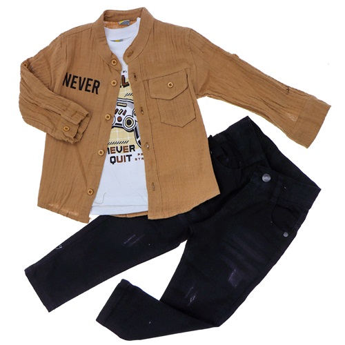 Mıncırık Kids 1131 Erkek Çocuk Never Baskılı Müslin Gömlek 3 Lü Takım 2-5 Yaş - Bej - 2-5 YAŞ