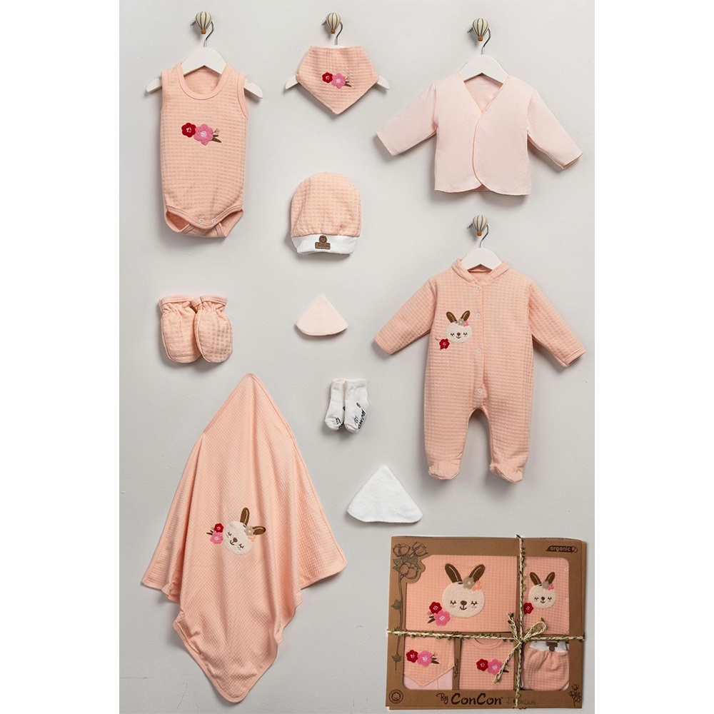 ConCon 1665 Bebe Organik Lüx Çiçekli Tavşan Nakışlı 10 Parça Zıbın Set 0-3 Ay - Mint Yeşil - 0-3 AY