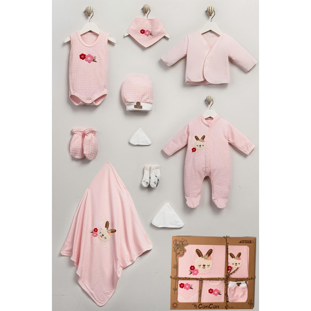 ConCon 1665 Bebe Organik Lüx Çiçekli Tavşan Nakışlı 10 Parça Zıbın Set 0-3 Ay - Mint Yeşil - 0-3 AY